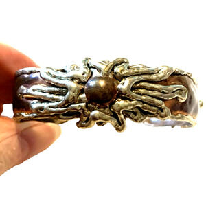 Vintage Artisan Mixed Metal Brutalist Abstract Cuff Bracelet Copper Silver Tone
